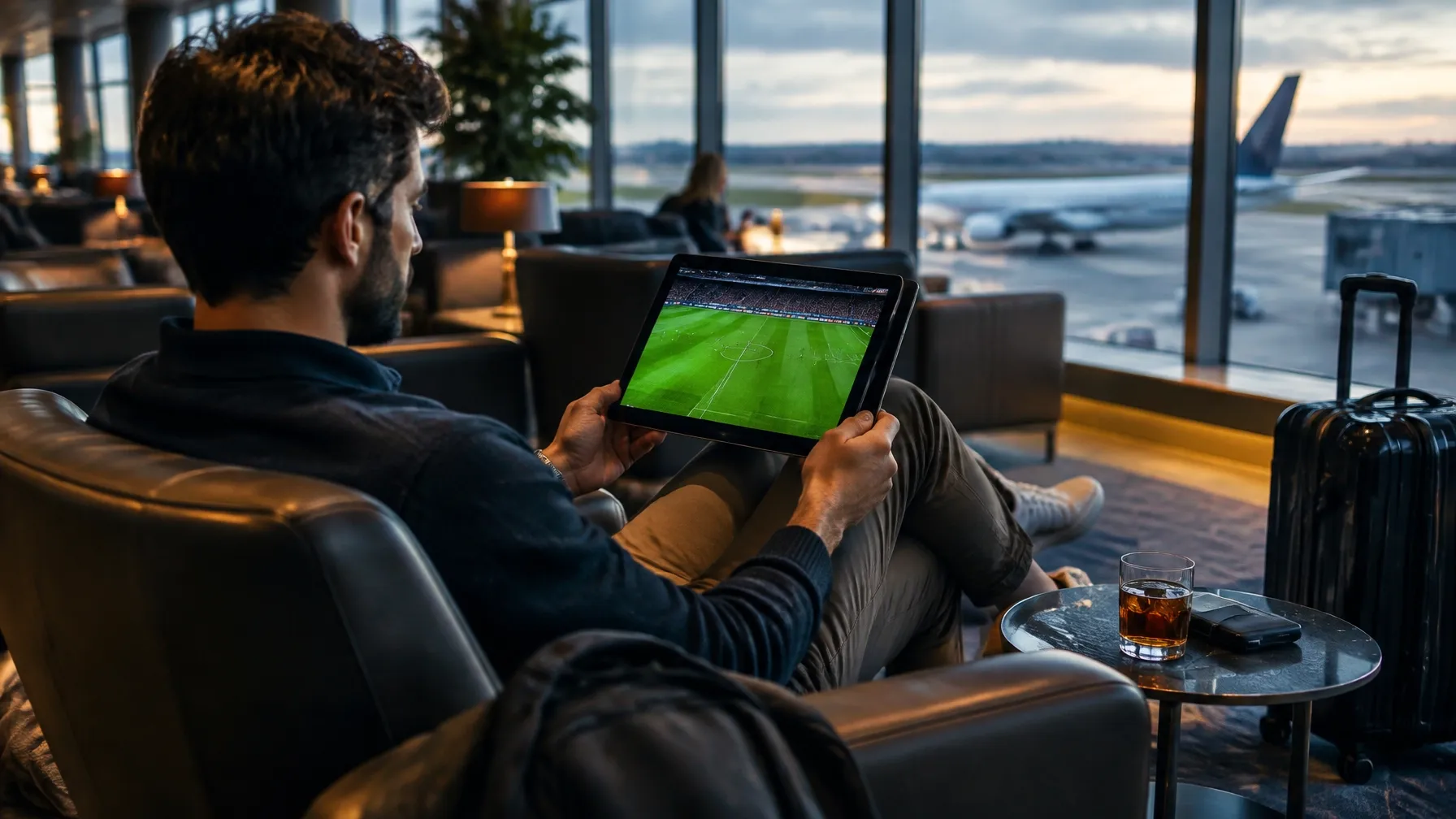 Traveler watching a live sports broadcast on a tablet in an airport lounge