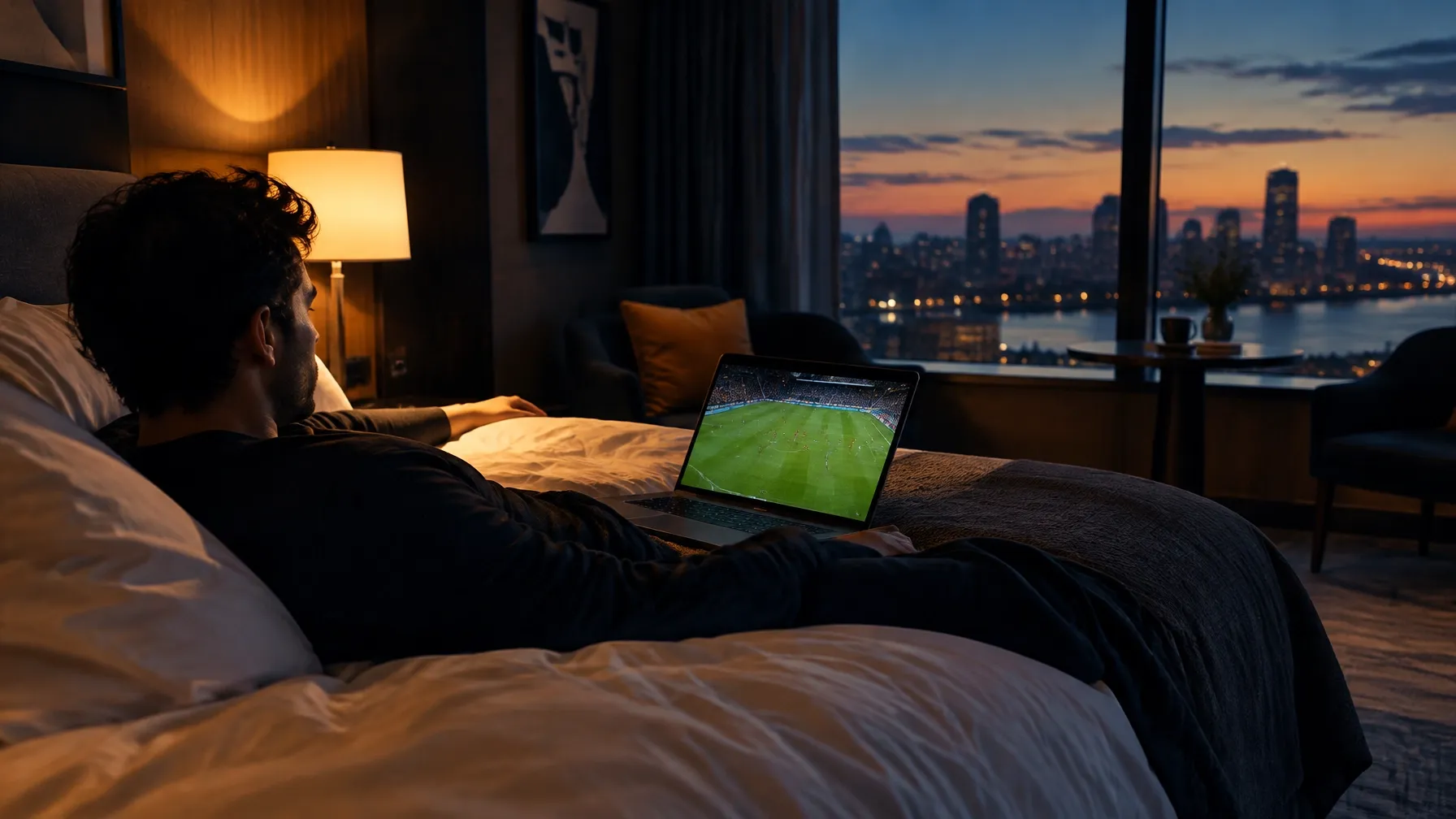 Traveler watching live sports on a laptop from a hotel bed