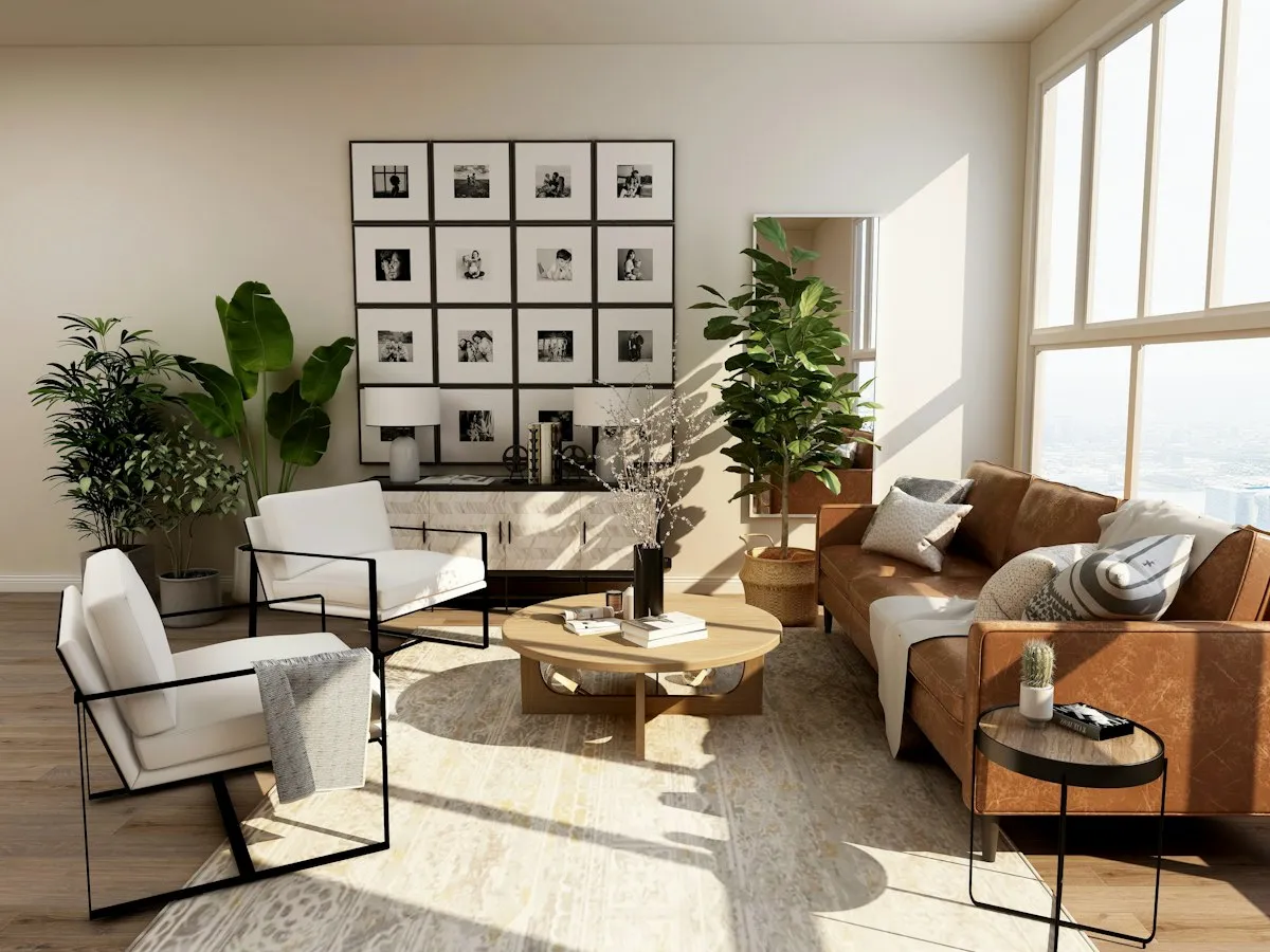 Bright cozy living room with a sofa and space for family viewing
